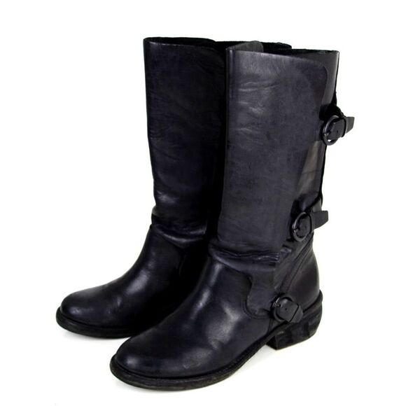 Trouve BLACK GENUINE LEATHER LOW HEEL PULL ON STRAP BUCKLE ROUND TOE BOOTS 6.5B - Picture 3 of 11